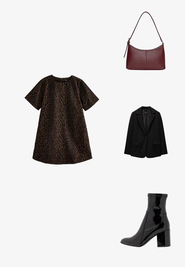 Black blazer made of smooth fabric with a single button closure, notched lapels, and two front pockets. Minimalist design, tailored fit.; Leopard print dress in brown and black. Short sleeves, round neckline, loose fit, knee-length design, cotton material with smooth texture.; Black patent ankle boot with a smooth texture, pointed toe, and a structured block heel. Features a zip-free design and contrasting stitching.; Maroon leather handbag with a curved shape, a single shoulder strap, and stitched detailing at the center. Smooth texture, minimal hardware.