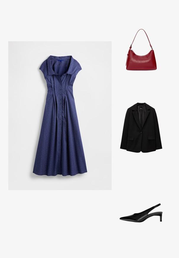 Sort blazer lavet af glat stof med enkelt knaplukning, klaplapper og to frontlommer. Minimalistisk design, skræddersyet pasform.; Marineblå kjole med kort, struktureret krave, knaplukning foran og plisseringer. Har hvide polkaprikker og et skørt med udvidet pasform.; Sorte læderslingback-sko med spids tå, lav hæl og udskæringsdesign i siderne. Glat tekstur med et slankt udseende.; Rød læder skuldertaske med et buet design, glat tekstur og lynlåslukning. Den har et tyndt håndtag til at bære.