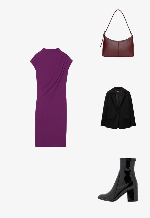 Črn blazer iz gladkega blaga z zapiranjem na en gumb, zarezanimi reverji in dvema sprednjima žepoma. Minimalističen dizajn, krojen pristen fit.; Vijolična midi obleka z visokim ovratnikom, kratkimi rokavi in gubanim detajlom na hrbtu. Gladek, raztegljiv material, oblikovno prilegajoč dizajn.; Črne lakaste gležnjarje z gladko teksturo, koničastim nosom in strukturiranim blokastim peto. Imajo zasnovo brez zadrge in kontrastno šivanje.; Bordo usnjeni ročni torbici s ukrivljeno obliko, enim ramenskim trakom in šivanjem na sredini. Gladka tekstura, minimum kovinskih dodatkov.