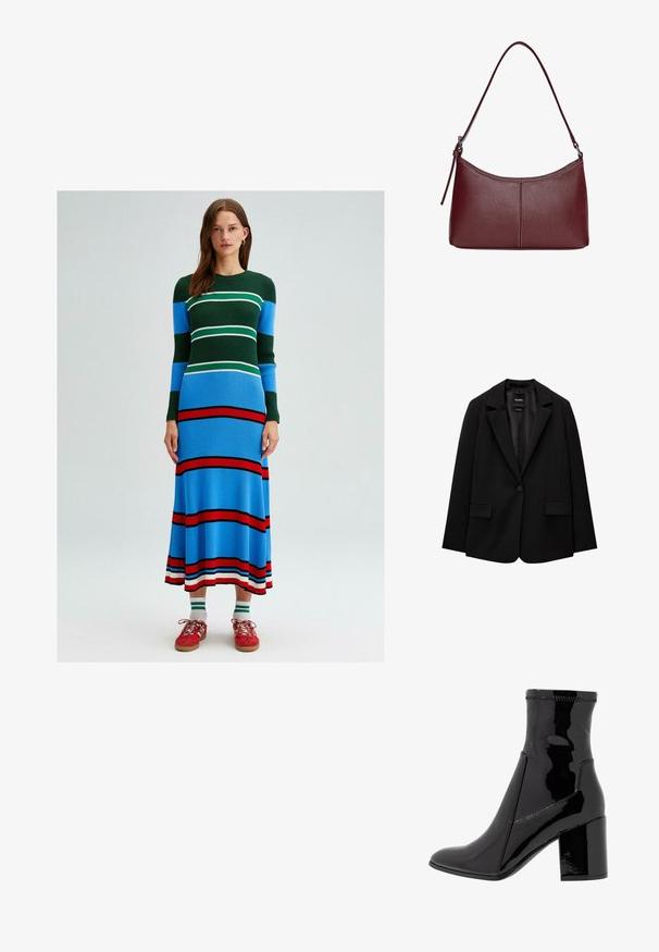 Črn blazer iz gladkega blaga z zapiranjem na en gumb, zarezanimi reverji in dvema sprednjima žepoma. Minimalističen dizajn, krojen pristen fit.; Pletena obleka z dolgimi rokavi, ki ima vodoravne črte v zeleni, modri, beli in rdeči barvi. Oblačilo, ki se prilega telesu, z razširjenim robom.; Črne lakaste gležnjarje z gladko teksturo, koničastim nosom in strukturiranim blokastim peto. Imajo zasnovo brez zadrge in kontrastno šivanje.; Bordo usnjeni ročni torbici s ukrivljeno obliko, enim ramenskim trakom in šivanjem na sredini. Gladka tekstura, minimum kovinskih dodatkov.
