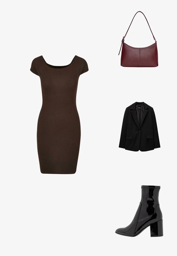 Czarna marynarka wykonana z gładkiego materiału, z pojedynczym zapięciem na guzik, wykrojonymi klapami i dwoma przednimi kieszeniami. Minimalistyczny design, dopasowany krój.; Brązowa dopasowana sukienka z krótkimi rękawami i okrągłym dekoltem, zaprojektowana w celu podkreślenia sylwetki. Gładka tekstura przez całą długość.; Czarne lakierowane botki za kostkę o gładkiej fakturze, z ostro zakończonym noskiem i wyraźnym blokowym obcasem. Charakteryzują się brakiem zamka oraz kontrastowym przeszyciem.; Bordowa torebka skórzana o zaokrąglonym kształcie, z jednym paskiem na ramię i przeszyciami w centrum. Gładka faktura, minimalna ilość elementów metalowych.