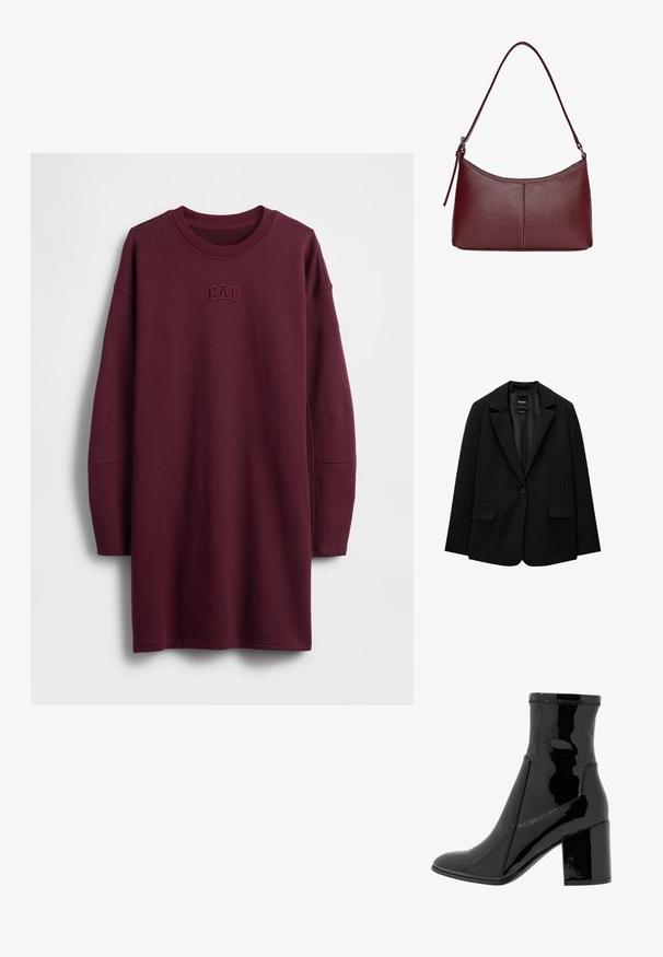 Sacou negru din țesătură fină, cu închidere cu un singur nasture, rever cu colțuri și două buzunare frontale. Design minimalist, croi ajustat.; Rochie tip sweatshirt burgundy cu mâneci lungi, decolteu rotund și logo brodat "GAP" pe piept. Material moale, cu croială lejeră.; Botine negre din patent, cu o textură netedă, vârf ascuțit și un toc bloc structurat. Prezintă un design fără fermoar și cusături contrastante.; Geantă din piele bordo cu o formă curbată, un singur mânere pentru umăr și detalii cusute în centru. Textură netedă, hardware minim.