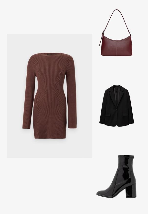 Čierny blejzer vyrobený z hladkej tkaniny s jedným gombíkom, klapkovými nohavicami a dvomi prednými vreckami. Minimalistický dizajn, strih na mieru.; Hnedé pletené svetr dress s dlhým rukávom a priliehavým pásom, s okrúhlym výstrihom na jednofarebnom pozadí.; Čierne lakované členkové čižmy s hladkým povrchom, špicatou špičkou a pevným blokovým opätkom. Disponujú dizajnom bez zipsu a kontrastným prešívaním.; Bordová kožená kabelka s zakriveným tvarom, s jedným ramenným popruhom a prešitými detailmi v strede. Hladký povrch, minimalistické príslušenstvo.