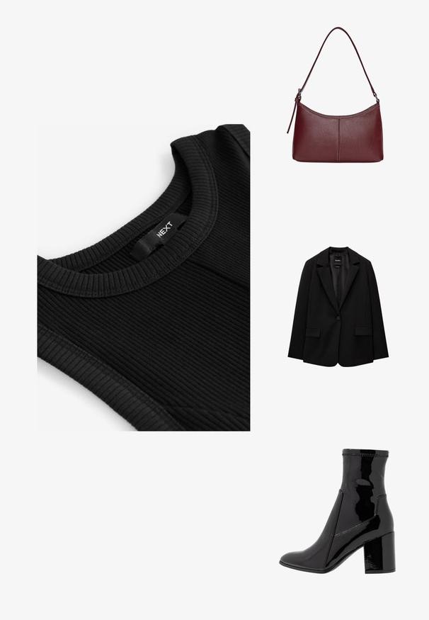 Sort blazer lavet af glat stof med enkelt knaplukning, klaplapper og to frontlommer. Minimalistisk design, skræddersyet pasform.; Sort ribbet tanktop med rund hals, tekstureret stof og et mærke med navnet "NEXT" syet ind i halsudskæringen.; Sorte patent ankelstøvler med en glat overflade, spidse tå og en struktureret blokhæl. Uden lynlås og med kontrasterende syninger.; Kastanjebrun læderhåndtaske med en buet form, en enkelt skulderrem og syninger i midten. Glat tekstur, minimal hardware.
