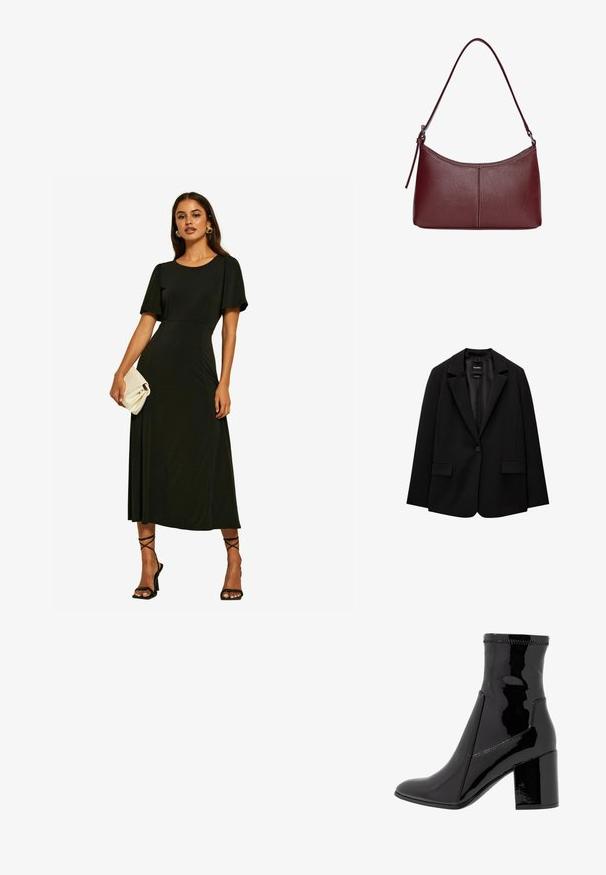Czarna marynarka wykonana z gładkiego materiału, z pojedynczym zapięciem na guzik, wykrojonymi klapami i dwoma przednimi kieszeniami. Minimalistyczny design, dopasowany krój.; Friends Like These - Sukienka z dżerseju; Czarne lakierowane botki za kostkę o gładkiej fakturze, z ostro zakończonym noskiem i wyraźnym blokowym obcasem. Charakteryzują się brakiem zamka oraz kontrastowym przeszyciem.; Bordowa torebka skórzana o zaokrąglonym kształcie, z jednym paskiem na ramię i przeszyciami w centrum. Gładka faktura, minimalna ilość elementów metalowych.