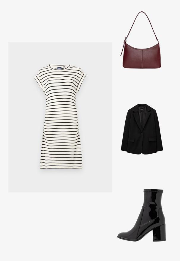 Sacou negru din țesătură fină, cu închidere cu un singur nasture, rever cu colțuri și două buzunare frontale. Design minimalist, croi ajustat.; Rochie cu mânecă scurtă și decolteu rotund, albă cu dungi negre orizontale. Material din bumbac, croi lejer, de lungime medie până la genunchi. Detalii simple de broderie.; Botine negre din patent, cu o textură netedă, vârf ascuțit și un toc bloc structurat. Prezintă un design fără fermoar și cusături contrastante.; Geantă din piele bordo cu o formă curbată, un singur mânere pentru umăr și detalii cusute în centru. Textură netedă, hardware minim.