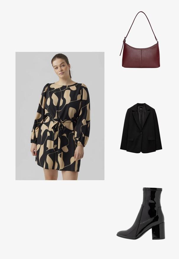 Čierny blejzer vyrobený z hladkej tkaniny s jedným gombíkom, klapkovými nohavicami a dvomi prednými vreckami. Minimalistický dizajn, strih na mieru.; Čierne šaty s abstraktným krémovým vzorom, dlhými puff rukávmi, viazaním v páse a okrúhlym výstrihom; ľahká tkanina s textúrovaným povrchom.; Čierne lakované členkové čižmy s hladkým povrchom, špicatou špičkou a pevným blokovým opätkom. Disponujú dizajnom bez zipsu a kontrastným prešívaním.; Bordová kožená kabelka s zakriveným tvarom, s jedným ramenným popruhom a prešitými detailmi v strede. Hladký povrch, minimalistické príslušenstvo.