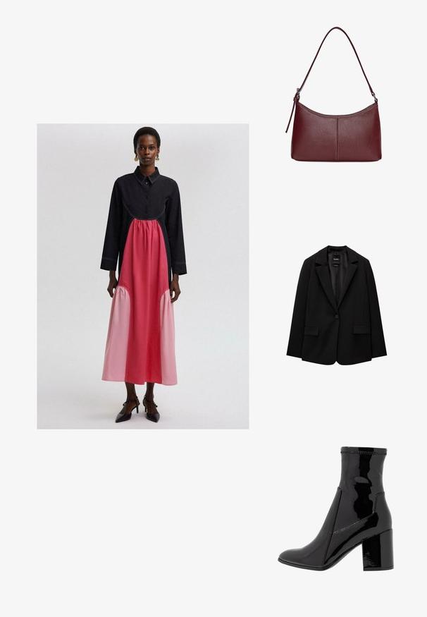 Crna jakna od glatkog materijala s jednom dugmadi, s urezanim reverima i dva prednja džepa. Minimalistički dizajn, kroj prilagođen figuri.; Crna i ružičasta duga haljina s ovratnikom, s nabranim ružičastim panelom na struku i toniranim detaljima šivanja.; Crne lakirane gležnjače sa glatkom teksturom, šiljastim prstom i strukturiranim blok potpeticama. Posjeduje dizajn bez zatvarača i kontrastno šivenje.; Bordo kožna torba s zakrivljenim oblikom, jednim remenom za rame i šivenim detaljima na sredini. Glatka tekstura, minimalni dodaci.