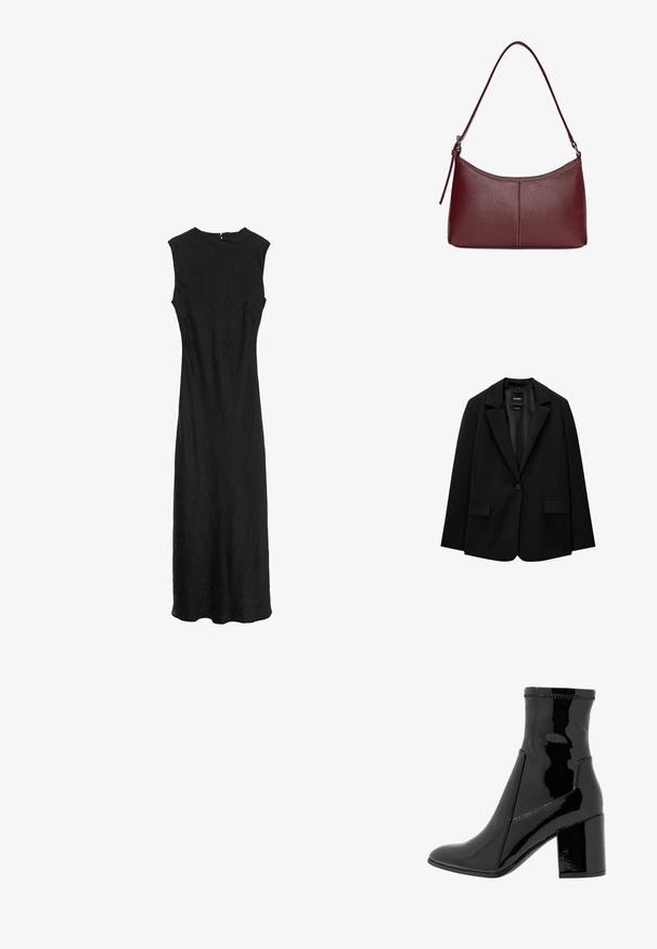 Crna jakna od glatkog materijala s jednom dugmadi, s urezanim reverima i dva prednja džepa. Minimalistički dizajn, kroj prilagođen figuri.; Crna haljina bez rukava s okruglim izrezom, do koljena, teksturirana tkanina i minimalistički dizajn. Ima zatvaranje na zatvarač straga.; Crne lakirane gležnjače sa glatkom teksturom, šiljastim prstom i strukturiranim blok potpeticama. Posjeduje dizajn bez zatvarača i kontrastno šivenje.; Bordo kožna torba s zakrivljenim oblikom, jednim remenom za rame i šivenim detaljima na sredini. Glatka tekstura, minimalni dodaci.