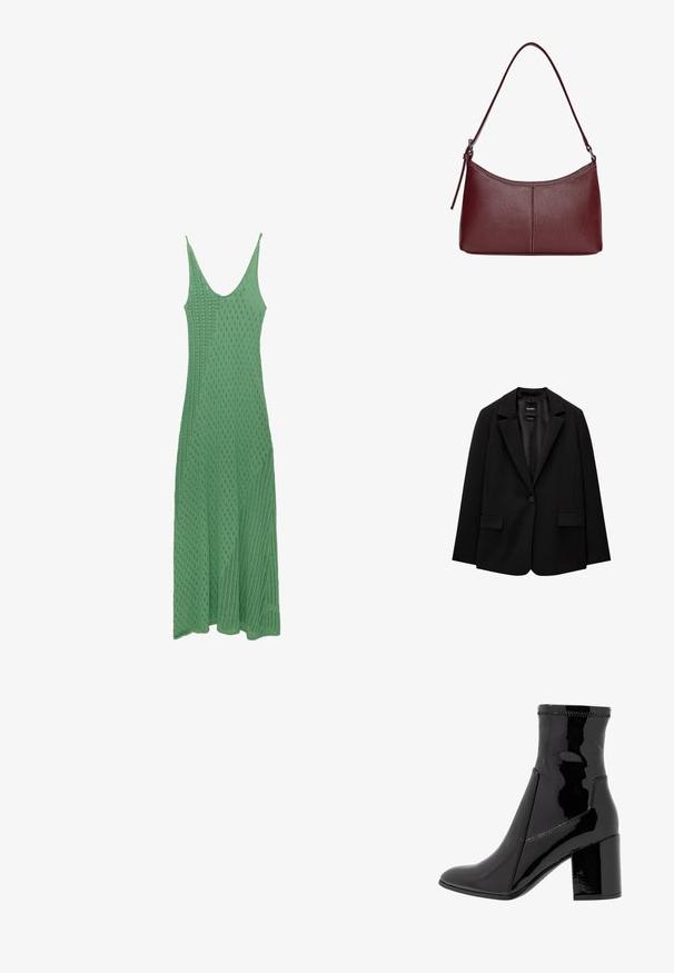 Črn blazer iz gladkega blaga z zapiranjem na en gumb, zarezanimi reverji in dvema sprednjima žepoma. Minimalističen dizajn, krojen pristen fit.; Zelena pletena midi obleka z okroglim izrezom, ki se ponaša z teksturiranim diamantom in tankimi naramnicami, ki se konča z razširjenim robom.; Črne lakaste gležnjarje z gladko teksturo, koničastim nosom in strukturiranim blokastim peto. Imajo zasnovo brez zadrge in kontrastno šivanje.; Bordo usnjeni ročni torbici s ukrivljeno obliko, enim ramenskim trakom in šivanjem na sredini. Gladka tekstura, minimum kovinskih dodatkov.