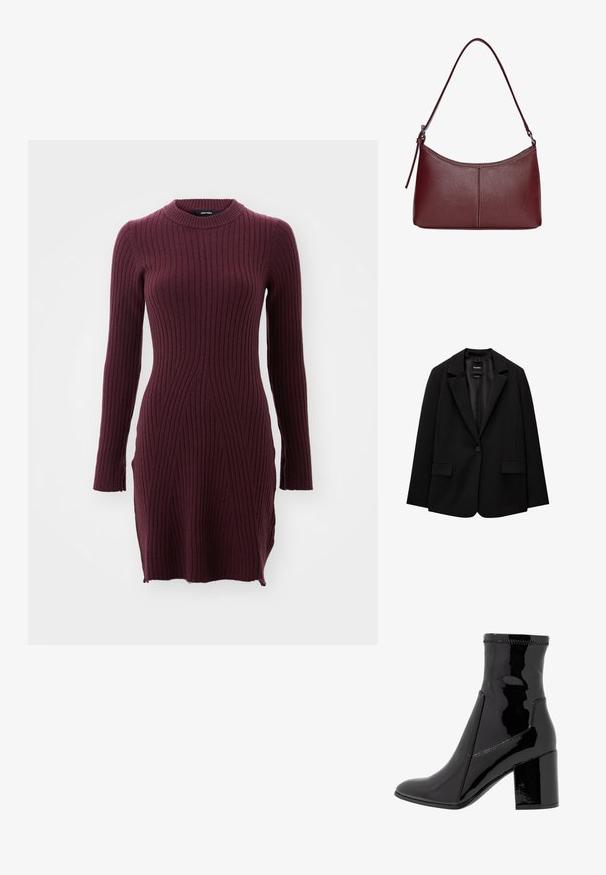 Fekete blézer sima szövetből, egy gombos záródással, bemetszett gallérral és két elülső zsebbel. Minimalista dizájn, testreszabott fazon.; Burgundi hosszú ujjú bordázott ruha magas nyakkal, függőleges csíkos mintázattal és enyhén testhezálló siluettel.; Fekete lakk bokacsizma sima felülettel, hegyes orral és struktúrált tömbsarkal. Cipzár nélküli kialakítással és kontrasztos varrással rendelkezik.; Bordó bőr kézitáska ívelt formával, egyetlen vállpánttal és varrott díszítéssel a középen. Simás textúra, minimális fémalkatrészek.