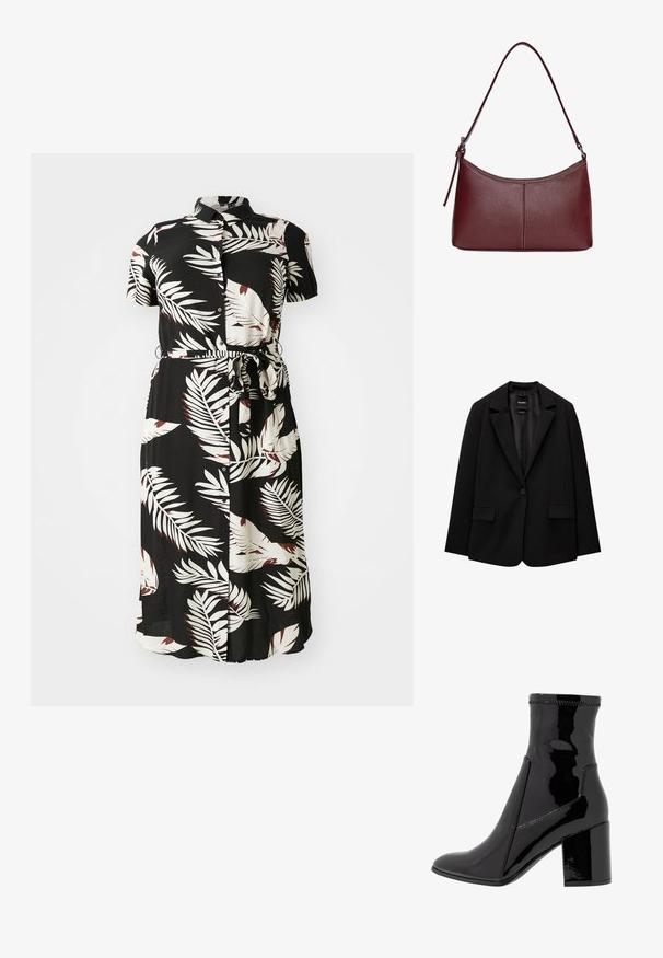 Čierny blejzer vyrobený z hladkej tkaniny s jedným gombíkom, klapkovými nohavicami a dvomi prednými vreckami. Minimalistický dizajn, strih na mieru.; Čierne šaty na gombíky s bielym a vínovým tropickým listovým vzorom, krátke rukávy, opasok na viazanie v páse a splývavý strih.; Čierne lakované členkové čižmy s hladkým povrchom, špicatou špičkou a pevným blokovým opätkom. Disponujú dizajnom bez zipsu a kontrastným prešívaním.; Bordová kožená kabelka s zakriveným tvarom, s jedným ramenným popruhom a prešitými detailmi v strede. Hladký povrch, minimalistické príslušenstvo.