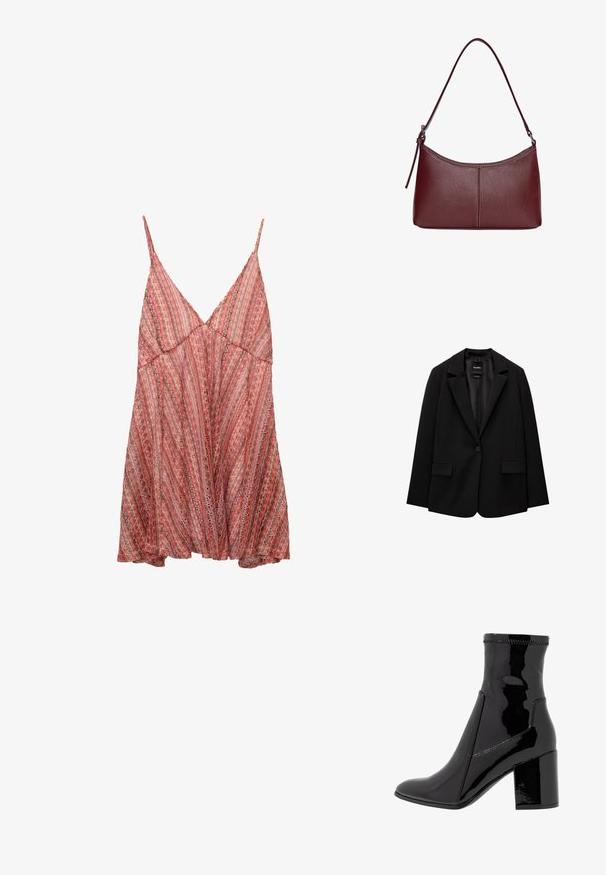 Schwarzer Blazer aus glattem Stoff mit einem Knopfverschluss, abgesetztem Revers und zwei vorderen Taschen. Minimalistisches Design, taillierte Passform.; Leichter, rot und pink gemusterter Kleid mit verstellbaren Spaghetti-Trägern, einem V-Ausschnitt und einem lockeren, fließenden Design.; Schwarze, lackierte Knöchelstiefel mit glatter Textur, spitzem Zeh und strukturiertem Blockabsatz. Verfügt über ein reißverschlussfreies Design und kontrastierende Nähte.; Bordeauxfarbene Ledertasche mit geschwungener Form, einem einzigen Schulterriemen und gesteppten Details in der Mitte. Glatte Textur, minimales Zubehör.