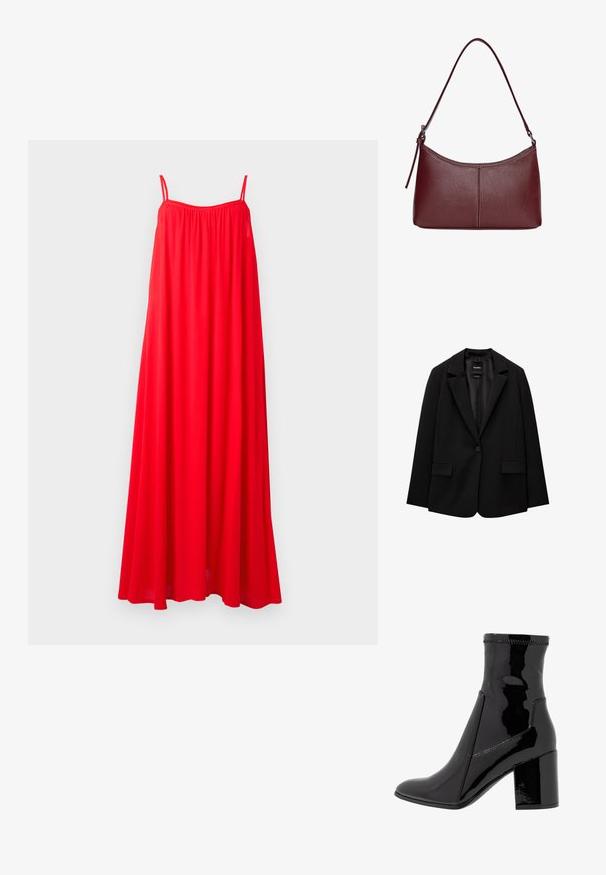 Blazer noir en tissu lisse avec une fermeture à bouton unique, des revers crantés et deux poches avant. Design minimaliste, coupe ajustée.; Robe maxi rouge avec de fines bretelles spaghetti, une coupe ample et un col froncé. Le tissu semble léger et fluide, adapté aux temps chauds.; Bottine noire en vernis avec une texture lisse, bout pointu et un talon bloc structuré. Caractérisée par un design sans fermeture éclair et des coutures contrastées.; Sac à main en cuir bordeaux avec une forme arrondie, une bandoulière unique et des coutures au centre. Texture lisse, matériel minimal.