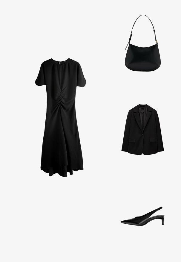 Schwarzer Blazer aus glattem Stoff mit einem Knopfverschluss, abgesetztem Revers und zwei vorderen Taschen. Minimalistisches Design, taillierte Passform.; Schwarzes Kleid mit kurzen Ärmeln, rundem Ausschnitt und Schlüsselverschluss im Rücken. Verfügt über geraffte Details an der Taille und einen ausgestellten Saum.; Schwarze Leder-Slingback-Schuh mit spitzer Zehe, niedrigem Absatz und Ausschnitt-Design an den Seiten. Glatte Textur mit schlanker Optik.; Schwarze Ledertasche mit schmalem Design, geschwungener Form und verstellbarem Griff. Verfügt über minimale Nähte und ein schlichtes Design.