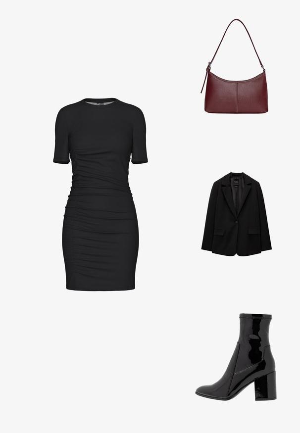 Črn blazer iz gladkega blaga z zapiranjem na en gumb, zarezanimi reverji in dvema sprednjima žepoma. Minimalističen dizajn, krojen pristen fit.; Črna obleka telesnega kroja iz elastične tkanine, s kratkimi rokavi, okroglim izrezom in nabranimi stranskimi detajli za teksturo.; Črne lakaste gležnjarje z gladko teksturo, koničastim nosom in strukturiranim blokastim peto. Imajo zasnovo brez zadrge in kontrastno šivanje.; Bordo usnjeni ročni torbici s ukrivljeno obliko, enim ramenskim trakom in šivanjem na sredini. Gladka tekstura, minimum kovinskih dodatkov.