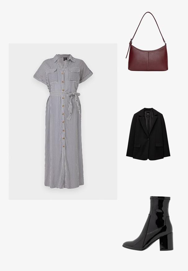 Fekete blézer sima szövetből, egy gombos záródással, bemetszett gallérral és két elülső zsebbel. Minimalista dizájn, testreszabott fazon.; Csíkos, gombos ruha tengerészkék és fehér színben, rövid ujjakkal, derékbőséggel és két mellzsebből áll. Mintás anyag, amely puha tapintású.; Fekete lakk bokacsizma sima felülettel, hegyes orral és struktúrált tömbsarkal. Cipzár nélküli kialakítással és kontrasztos varrással rendelkezik.; Bordó bőr kézitáska ívelt formával, egyetlen vállpánttal és varrott díszítéssel a középen. Simás textúra, minimális fémalkatrészek.