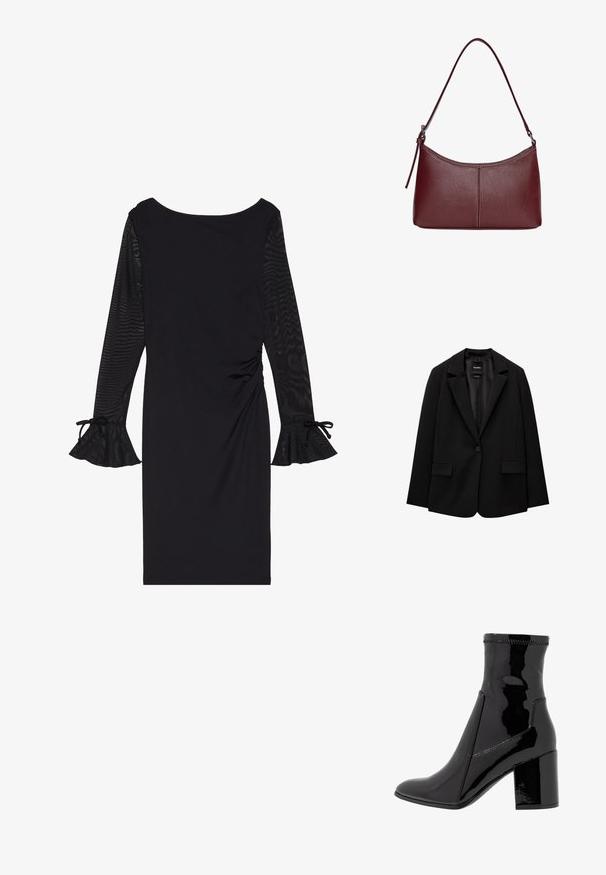 Fekete blézer sima szövetből, egy gombos záródással, bemetszett gallérral és két elülső zsebbel. Minimalista dizájn, testreszabott fazon.; Fekete ruha hosszú áttetsző ujjaival, kerek nyakkivágással és fodros mandzsettákkal. Az alja testhez simuló, az oldalon ráncolt részletekkel.; Fekete lakk bokacsizma sima felülettel, hegyes orral és struktúrált tömbsarkal. Cipzár nélküli kialakítással és kontrasztos varrással rendelkezik.; Bordó bőr kézitáska ívelt formával, egyetlen vállpánttal és varrott díszítéssel a középen. Simás textúra, minimális fémalkatrészek.