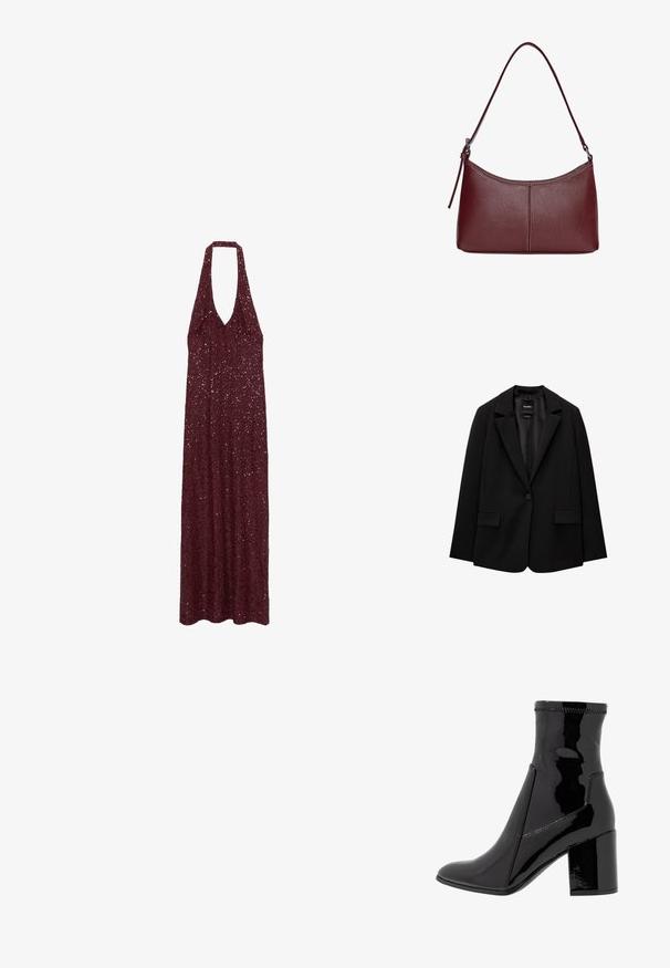 Fekete blézer sima szövetből, egy gombos záródással, bemetszett gallérral és két elülső zsebbel. Minimalista dizájn, testreszabott fazon.; Burgundi színű, nyakpántos ruha flitteres anyagból, földig érő, laza szabással és V-alakú kivágással. Simaság jellemzi csillogó részletekkel.; Fekete lakk bokacsizma sima felülettel, hegyes orral és struktúrált tömbsarkal. Cipzár nélküli kialakítással és kontrasztos varrással rendelkezik.; Bordó bőr kézitáska ívelt formával, egyetlen vállpánttal és varrott díszítéssel a középen. Simás textúra, minimális fémalkatrészek.