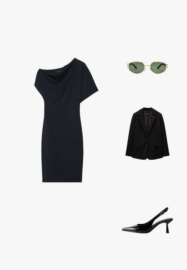 Musta bleiseri, joka on valmistettu sileästä kankaasta, yksittäisellä nappikiinnityksellä, viistetyt kaulukset ja kaksi etutaskua. Minimalistinen muotoilu, istuva leikkaus.; Musta mekko, jossa on roikkuva cowl-kaulus, lyhyet hihat ja muotoiltu siluetti. Valmistettu sileästä kankaasta, minimalistisella suunnittelulla.; Musta lakattu nahkasaapas, jossa on teräväkärkinen malli, leikattuja sivuja, säädettävä nilkkain ja ohut, virtaviivainen korko.; Kultaiset metallikehyksiset aurinkolasit, joissa on vihreät sävytetyt linssit, soikea muoto, mustat sankaluvat ja kirkkaat nenätyynyt. Siisti, minimalistinen muotoilu.; Maroon-värinen nahkalaukku, jossa on kaareva muoto, yksi olkahihna ja keskellä ommeltu yksityiskohta. Sileä pinta, minimaalinen varustelu.