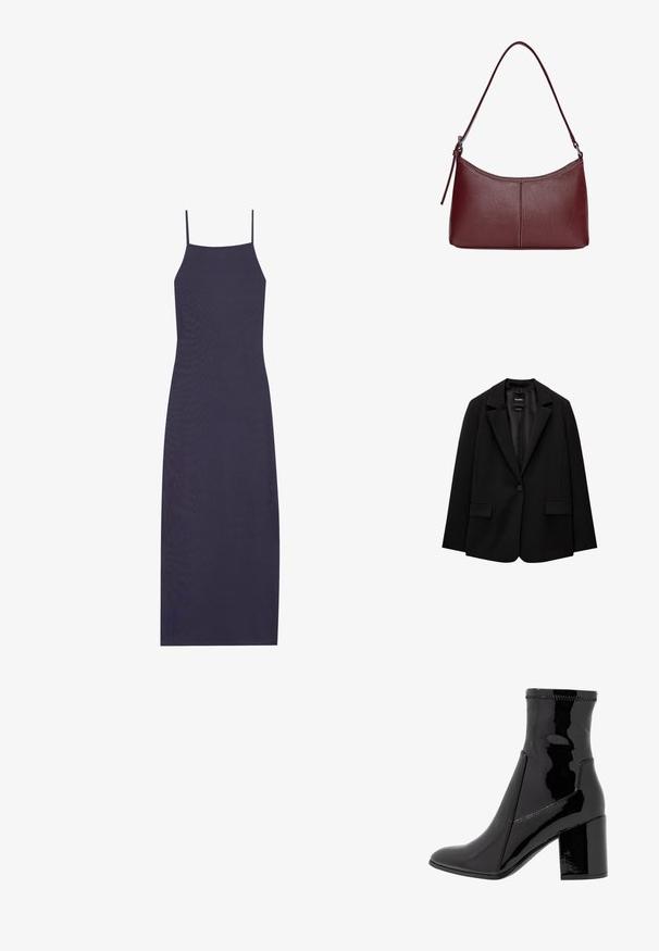 Blazer nero realizzato in tessuto morbido con chiusura a un bottone, revers a punta e due tasche frontali. Design minimalista, vestibilità sartoriale.; Abito senza maniche di colore blu navy con sottili spalline a spaghetto, realizzato in tessuto a costine, con silhouette aderente e lunghezza midi.; Stivale alla caviglia in patent nero con una texture liscia, punta appuntita e tacco a blocco strutturato. Presenta un design senza zip e cuciture a contrasto.; Borsa a tracolla in pelle bordeaux con forma curvata, una sola tracolla e dettagli cuciti al centro. Texture liscia, hardware minimale.