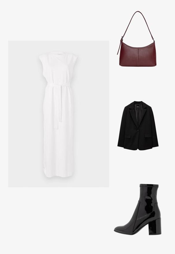 Sacou negru din țesătură fină, cu închidere cu un singur nasture, rever cu colțuri și două buzunare frontale. Design minimalist, croi ajustat.; Rochie maxi albă, fără mâneci, cu un brâu la talie, ce prezintă o textură moale și o siluetă dreaptă. Design simplu, fără modele.; Botine negre din patent, cu o textură netedă, vârf ascuțit și un toc bloc structurat. Prezintă un design fără fermoar și cusături contrastante.; Geantă din piele bordo cu o formă curbată, un singur mânere pentru umăr și detalii cusute în centru. Textură netedă, hardware minim.