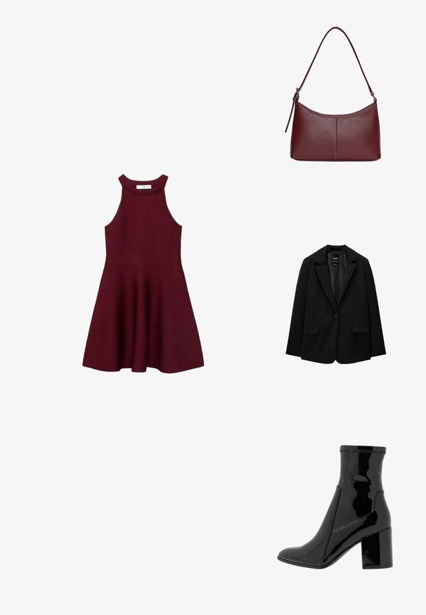 Černý blazer vyrobený z hladké tkaniny s jednotlivým knoflíkovým zapínáním, klopovými límci a dvěma předními kapsami. Minimalistický design, perfektní střih.; Bordó bezramenné šaty s přiléhavým živůtkem, rozevlátou sukní a vysokým výstřihem, vyrobené z jemného pleteného materiálu. Žádné viditelné vzory ani doplňky.; Černé lakované kotníkové boty s hladkým povrchem, špičatou špičkou a strukturovaným blokovým podpatkem. Obsahují design bez zipu a kontrastní švy.; Vínová kožená kabelka s zakřiveným tvarem, jediným ramenním popruhem a prošíváním ve středu. Hladký povrch, minimální kovové prvky.
