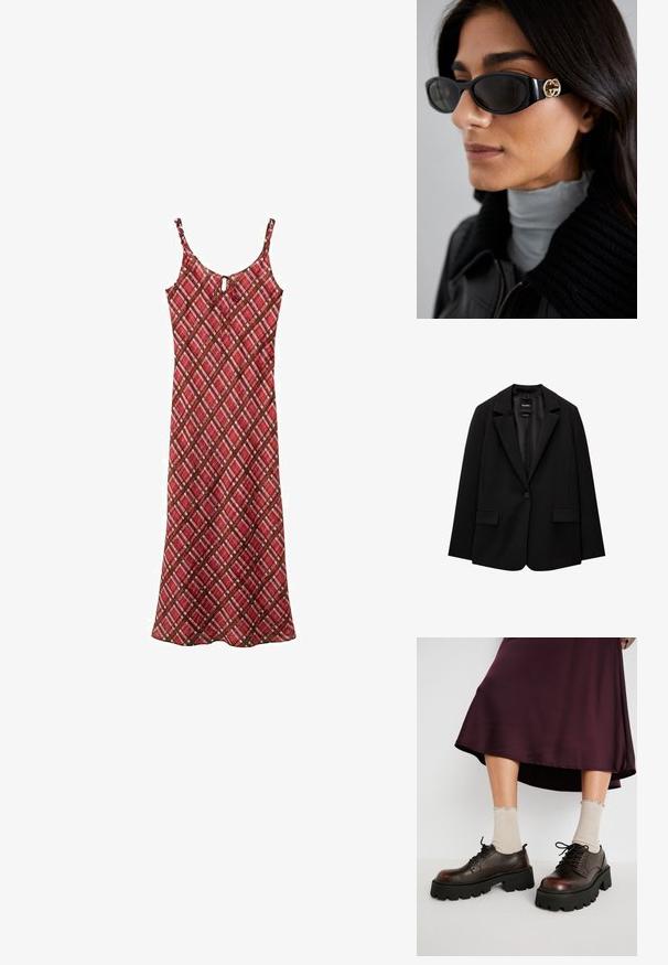Crna jakna od glatkog materijala s jednom dugmadi, s urezanim reverima i dva prednja džepa. Minimalistički dizajn, kroj prilagođen figuri.; Mango Dnevna haljina - bordeaux; smeđe kožne platforme s debelim crnim potplatima, uparene s rebrastim bež čarapama s valovitim rubovima, na prigušeno pozadinskom.; Crne sunčane naočale sa elegantnim pravokutnim okvirom i zlatnim logotipom na strani. Tamna stakla i sjajni finiš su istaknuti.; Crna torba za rame izrađena od glatkog materijala, sa zakrivljenim oblikom, zlatnim patentnim zatvaračem i zlatnim reljefnim logotipom na prednjoj strani.