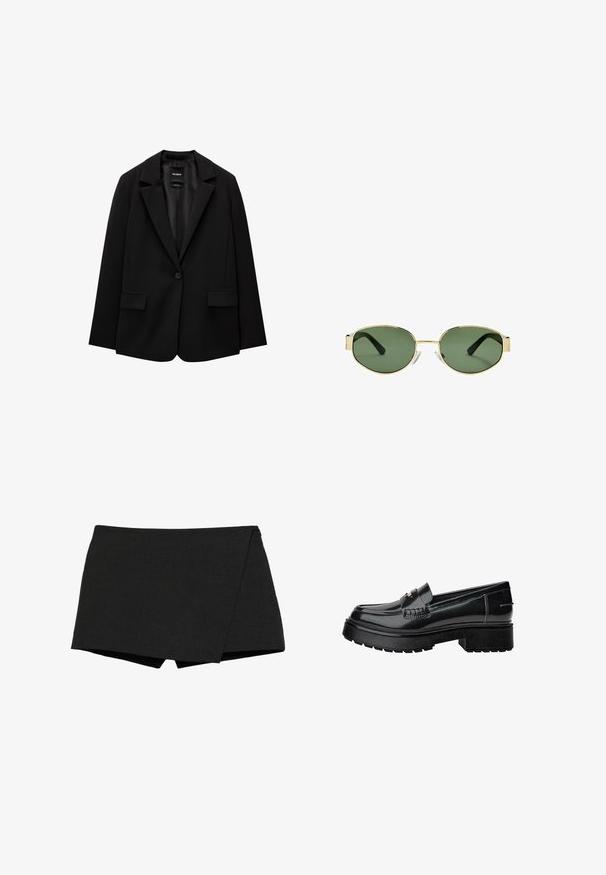 Sort blazer lavet af glat stof med enkelt knaplukning, klaplapper og to frontlommer. Minimalistisk design, skræddersyet pasform.; Beige sweater med en høj, foldet kædekrave. Lavet af tekstureret strikket stof. Har lange ærmer og en afslappet pasform med ribbet detaljer ved kanten.; Sorte, letvægts shorts med indpakningsdesign. Har en glat overflade og skarpe kanter. Lige kant og ingen synlige lukninger.; Sorte patenterede lædersko med en robust sål, der har en dekorativ rem og diskrete syninger. Gummitekstur på ydersålen.; Solfarvede solbriller med guldmetalramme, grønne linser, oval form, sorte stænger og klare næsepuder. Rent, minimalistisk design.