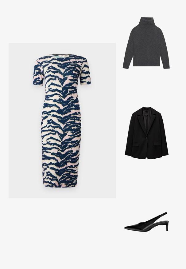 Crna jakna od glatkog materijala s jednom dugmadi, s urezanim reverima i dva prednja džepa. Minimalistički dizajn, kroj prilagođen figuri.; Sivi pulover s turtleneck iz mehkega, teksturiranega pletenja. Ima dolge rukave i opušten, kutijasti oblik s rebrastim rubom i manžetama.; Haljina do koljena s prilagođenim dizajnom, koja sadrži uzorak životinjskog printa u tamnoplavoj, ružičastoj i krem boji; kratki rukavi i okrugli izrez.; Crne kožne sandale s otvorenim petom i šiljastim vrhom, niskom petom i prorezima sa strane. Glatka tekstura s elegantnim izgledom.; Bordo kožna torba s zakrivljenim oblikom, jednim remenom za rame i šivenim detaljima na sredini. Glatka tekstura, minimalni dodaci.