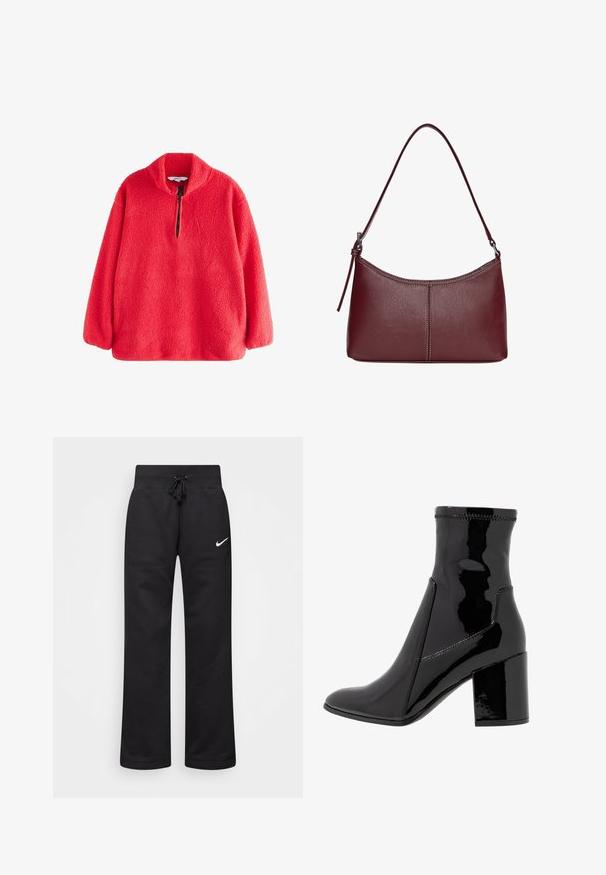 Fekete blézer sima szövetből, egy gombos záródással, bemetszett gallérral és két elülső zsebbel. Minimalista dizájn, testreszabott fazon.; Piros polár pulóver magas gallérral és fél cipzárral, amelynek puha, texturált felszíne van. Hosszú ujjú, laza szabású.; Fekete pamut keverékból készült melegítőnadrág, húzózsinórral ellátott derékkal, egyenes szárakkal és fehér Nike logóval a bal oldalon.; Fekete lakk bokacsizma sima felülettel, hegyes orral és struktúrált tömbsarkal. Cipzár nélküli kialakítással és kontrasztos varrással rendelkezik.; Bordó bőr kézitáska ívelt formával, egyetlen vállpánttal és varrott díszítéssel a középen. Simás textúra, minimális fémalkatrészek.