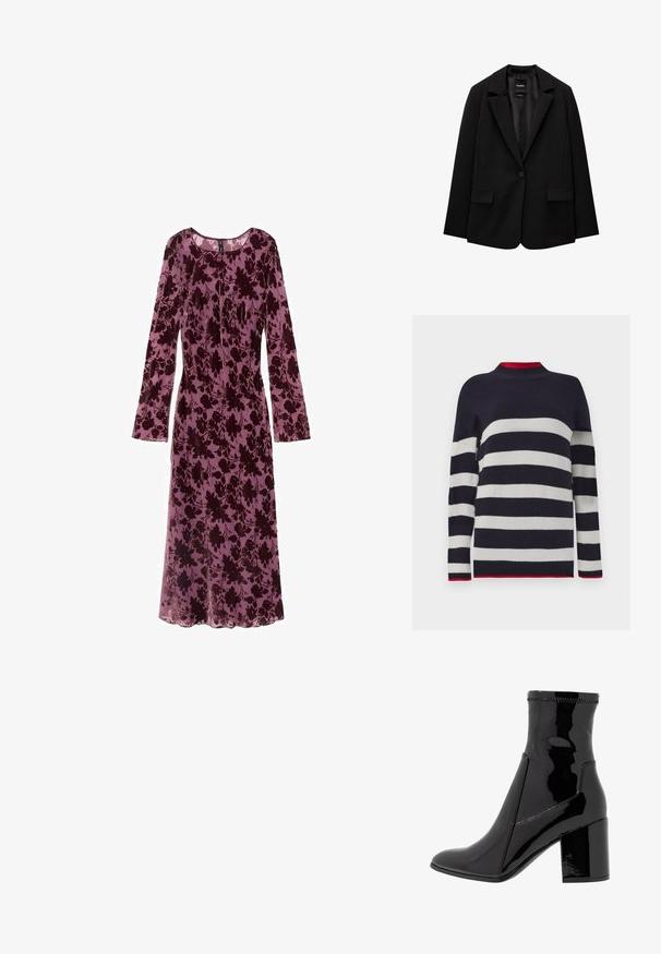 Crna jakna od glatkog materijala s jednom dugmadi, s urezanim reverima i dva prednja džepa. Minimalistički dizajn, kroj prilagođen figuri.; Pulover prugasti u mornarsko plavoj i bijeloj boji s rebrastom teksturom, s visokim ovratnikom i crvenim akcentima na ovratniku i rubu.; Haljina dugih rukava od svijetlopurpurne tkanine s tamnoburgundskim cvjetnim uzorkom. Ima okrugli dekolte i prozračnu, laganu teksturu.; Crne lakirane gležnjače sa glatkom teksturom, šiljastim prstom i strukturiranim blok potpeticama. Posjeduje dizajn bez zatvarača i kontrastno šivenje.; Bordo kožna torba s zakrivljenim oblikom, jednim remenom za rame i šivenim detaljima na sredini. Glatka tekstura, minimalni dodaci.