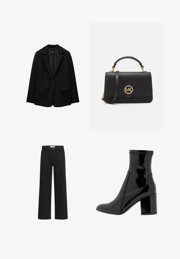 Fekete blézer sima szövetből, egy gombos záródással, bemetszett gallérral és két elülső zsebbel. Minimalista dizájn, testreszabott fazon.; Fehér, hosszú ujjú gombos ing, sima anyagból készült, klasszikus gallérral, két elülső zsebbel és ráncolt mandzsettával.; Kaffe KABROOK HW REG FIT JEANS - Trapézfarmer - black deep; Fekete lakk bokacsizma sima felülettel, hegyes orral és struktúrált tömbsarkal. Cipzár nélküli kialakítással és kontrasztos varrással rendelkezik.; Fekete bőr kézitáska struktúrált dizájnnal, arany kör alakú logóval, tetején lévő fogantyúval és leválasztható vállpánttal.