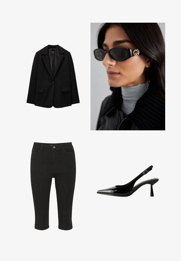 Čierny blejzer vyrobený z hladkej tkaniny s jedným gombíkom, klapkovými nohavicami a dvomi prednými vreckami. Minimalistický dizajn, strih na mieru.; Čierny saténový top so čipkovým výstrihom do V a tenkými popruhmi, nosený s tmavomodrými džínsami, na neutrálnom pozadí.; Čierne denimové capri nohavice s priliehavým strihom, prednými vreckami a jednou gombíkovou väzbou, so hladkou štruktúrou a dĺžkou po členky.; Čierne lakované kožené slingback lodičky s špicatou špičkou, vyrezávanými bokmi, nastaviteľným remienkom okolo členka a tenkým, elegantným podpätkom.; Čierne slnečné okuliare s elegantným obdĺžnikovým rámom a zlatým logom na boku. Tmavé šošovky a lesklý povrch sú výrazné.; Čierna ramenná taška vyrobená z hladkého materiálu, s zakriveným tvarom, zlatým zipsom a zlatým embosovaným logom na prednej strane.