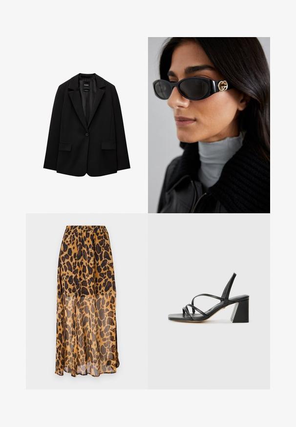 Zwarte blazer van gladde stof met een enkele knoopsluiting, notch-lapels en twee voorzakken. Minimalistisch ontwerp, getailleerde pasvorm.; Witte button-up shirt met een puntige kraag, lange mouwen en een klein blauw logo op de linkerborst. Gemaakt van katoen.; Luipaardprint rok van lichtgewicht, doorzichtig stof. Bevat een elastische tailleband en een vloeiende snit, met tinten bruin en zwarte vlekken.; Zwarte sandaaltjes met een vierkante teen, voorzien van meerdere dunne bandjes en een geometrische blokhak. Gladde lederen textuur en minimalistisch design.; Zwarte zonnebril met een stijlvolle rechthoekige montuur en een gouden logo-accent aan de zijkant. Donkere lenzen en een glanzende afwerking zijn opvallend.; Witte leren handtas met gouden beslag, voorzien van een flapsluiting en een afneembare, verstelbare band. Ronde metalen accenten in het midden.