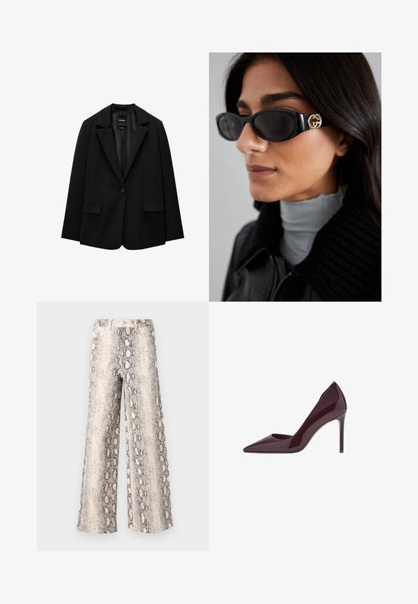 Sacou negru din țesătură fină, cu închidere cu un singur nasture, rever cu colțuri și două buzunare frontale. Design minimalist, croi ajustat.; Camasa albă, cu guler punctat, mâneci lungi și un mic logo albastru pe pieptul stâng. Fabricată din material de bumbac.; Pantaloni largi cu un model de imprimeu șarpe, având o paletă de culori crem și gri, confecționați dintr-un material texturat cu un design cu talie înaltă.; Pumpuri cu toc înalt din piele patent burgundă, cu vârful ascuțit, siluetă elegantă și toc stiletto. Textură netedă cu finisaj lucios.; Ochelari de soare negri, cu un cadru rectangular elegant și un accent cu logo auriu pe lateral. Lentile întunecate și finisaj lucios sunt proeminente.; Geantă gri texturată, cu un maner căptușit, accente din plasă, curea ajustabilă și un închizător frontal. Design compact cu o formă rotunjită.