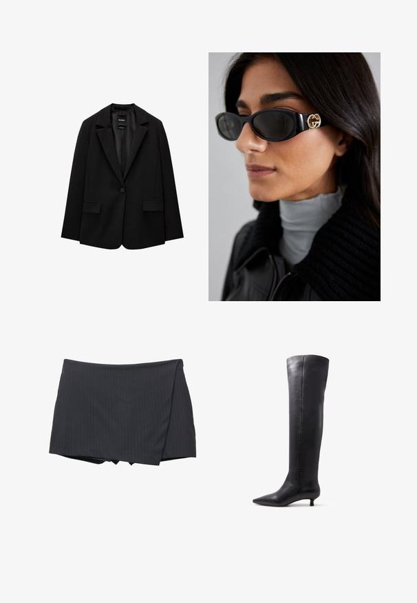Fekete blézer sima szövetből, egy gombos záródással, bemetszett gallérral és két elülső zsebbel. Minimalista dizájn, testreszabott fazon.; Fehér ing, álló gallérral, hosszú ujjakkal, bal mellen egy kis kék logóval. Pamut anyagból készült.; Fekete csíkos mini szoknya átkötős dizájnnal, sima anyagból készült. Tiszta befejezésű és nem látható záródásokkal rendelkezik.; Térdhosszan érő fekete bőrcipők hegyes orral és alacsony sarokkal, sima textúrával és minimalista dizájnnal.; Fekete napszemüveg, sima, téglalap alakú kerettel, arany logóval az oldalon. Sötét lencsék és fényes felület jellemzi.; Fekete bőr kézitáska, összegyűrt tetejével, két vállpánttal, aranyszínű fémrészekkel és középen elhelyezett kör alakú díszítéssel. Simaság jellemzi, kompakt formájú.; Fekete kesztyűk áttetsző szövetből, textúrált virág- és körmintákkal. Hosszú kivitel sima felülettel, az egyik kesztyűn címke részlettel.; Fekete zsinór nyaklánc masnis dizájnnal. Sima anyagból készült, ezüstszínű végekkel rendelkezik. Egyszerű és minimalista stílus.
