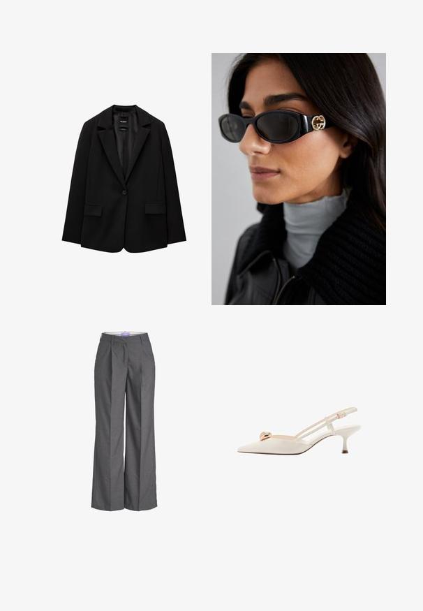 Černý blazer vyrobený z hladké tkaniny s jednotlivým knoflíkovým zapínáním, klopovými límci a dvěma předními kapsami. Minimalistický design, perfektní střih.; Bílá košile na knoflíky s špičatým límcem, dlouhými rukávy a malým modrým logem na levé straně hrudi. Vyrobena z bavlněné tkaniny.; Šedé široké kalhoty vyrobené z texturované látky, s plochým předním dílem a detailními plisováními, standardním pasem, ideální pro formální nošení.; Krémově zbarvená slingback bota s špičatou špičkou, tenkými pásky a zlatým akcentem na nártu. Má nízký, úzký podpatek.; Černé sluneční brýle s elegantním obdélníkovým rámem a zlatým logem na boční straně. Tmavé čočky a lesklý povrch jsou výrazné.; Šedá texturovaná kabelka se polstrovanou rukojetí, síťovými akcenty, nastavitelným popruhem a předním uzávěrem. Kompaktní design s zaobleným tvarem.