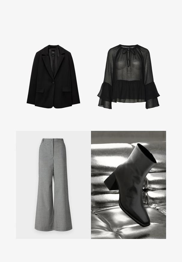 Black blazer made of smooth fabric with a single button closure, notched lapels, and two front pockets. Minimalist design, tailored fit.; Black sheer blouse with a gathered neckline, tie detail, and bell sleeves. Features a layered ruffle hem and textured fabric.; Wide-leg trousers featuring a black and white gingham pattern, with a high waist and smooth texture. Tailored design with no visible hardware.; Black ankle boot made of glossy material with a square toe and tapered heel, set against a shiny silver tufted background.