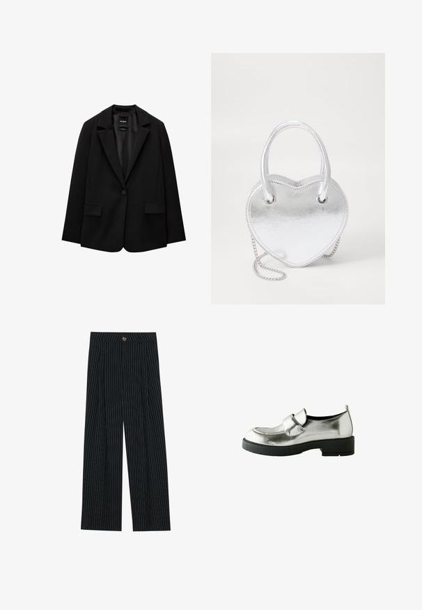 Musta bleiseri, joka on valmistettu sileästä kankaasta, yksittäisellä nappikiinnityksellä, viistetyt kaulukset ja kaksi etutaskua. Minimalistinen muotoilu, istuva leikkaus.; Valkoinen pitkähihaisen napillisen paidan valmistettu kevyestä kankaasta, klassinen kaulus, yksi rintatasku ja suora helma.; Mustat raidalliset leveälahkeiset housut, jotka on valmistettu teksturoidusta kankaasta. Niissä on etu nappisulku ja pleatatut yksityiskohdat, jotka lisäävät kiinnostavuutta.; Hopeakylkiset loafersit, joissa on pyöreä varvas, nauhakoriste ja paksu musta kumipohja. Silkkinen pinta ja minimalistinen muotoilu.; Hopeakimmeltä sydämenmuotoinen käsilaukku, jossa on kaksinkertaiset kahvat, ketjuhihna ja sileä pinta. Varustettu metalliosilla ja ommelluilla reunoilla.