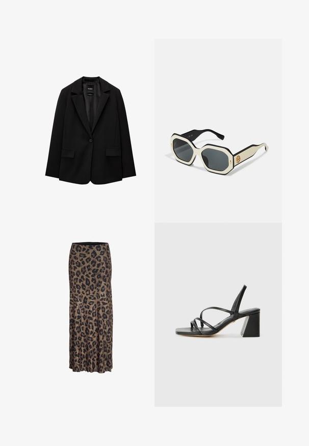 Schwarzer Blazer aus glattem Stoff mit einem Knopfverschluss, abgesetztem Revers und zwei vorderen Taschen. Minimalistisches Design, taillierte Passform.; Schwarzes Camisole mit zartem Spitzenbesatz entlang der Kanten, asymmetrischem Design, verstellbaren Trägern und glattem satinähnlichem Stoff.; Leopardenmusterrock in Braun und Schwarz, mit einem fließenden Design und einem dezenten Rüschensaum, hergestellt aus leichtem, weichem Stoff.; Schwarze High Heels Sandalen mit quadratischer Zehenpartie, die mehrere dünne Riemen und einen geometrischen Blockabsatz aufweisen. Glatte Ledertextur und minimales Design.; Sonnenbrille mit einem oktagonalen weißen Rahmen, schwarzen Kanten und grauen Gläsern. Ein goldenes Logodetail an der Seite verleiht einen markanten Akzent.; Schwarze Ledertasche mit doppelten Griffen, vorderen Reißverschlusstaschen und metallenen Nieten, vor einem schlichten hellen Hintergrund.