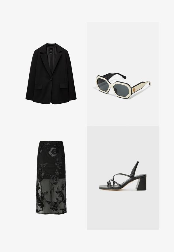 Schwarzer Blazer aus glattem Stoff mit einem Knopfverschluss, abgesetztem Revers und zwei vorderen Taschen. Minimalistisches Design, taillierte Passform.; Schwarzes Camisole mit zartem Spitzenbesatz entlang der Kanten, asymmetrischem Design, verstellbaren Trägern und glattem satinähnlichem Stoff.; Schwarzer bestickter Rock mit floralen Mustern, halbtransparentem Stoff, tailliertem Bund und fließendem Design, das einen geschichteten Look bietet.; Schwarze High Heels Sandalen mit quadratischer Zehenpartie, die mehrere dünne Riemen und einen geometrischen Blockabsatz aufweisen. Glatte Ledertextur und minimales Design.; Sonnenbrille mit einem oktagonalen weißen Rahmen, schwarzen Kanten und grauen Gläsern. Ein goldenes Logodetail an der Seite verleiht einen markanten Akzent.; Weiße Lederhandtasche mit goldfarbenen Beschlägen, ausgestattet mit einer Klappenverschluss und einem abnehmbaren, verstellbaren Riemen. Runde Metallakzente in der Mitte.