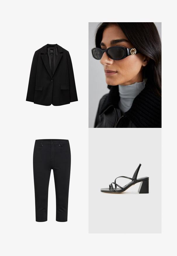 Schwarzer Blazer aus glattem Stoff mit einem Knopfverschluss, abgesetztem Revers und zwei vorderen Taschen. Minimalistisches Design, taillierte Passform.; Schwarzes Camisole mit zartem Spitzenbesatz entlang der Kanten, asymmetrischem Design, verstellbaren Trägern und glattem satinähnlichem Stoff.; Schwarze, körpernahe, verkürzte Hose mit frontalem Knopf- und Reißverschluss sowie Vorder- und Gesäßtaschen, auf weißem Hintergrund präsentiert.; Schwarze High Heels Sandalen mit quadratischer Zehenpartie, die mehrere dünne Riemen und einen geometrischen Blockabsatz aufweisen. Glatte Ledertextur und minimales Design.; Schwarze Sonnenbrille mit einem schlanken rechteckigen Rahmen und einem goldenen Logo-Akzent an der Seite. Dunkle Gläser und glänzende Oberfläche sind auffällig.; Weiße Lederhandtasche mit goldfarbenen Beschlägen, ausgestattet mit einer Klappenverschluss und einem abnehmbaren, verstellbaren Riemen. Runde Metallakzente in der Mitte.