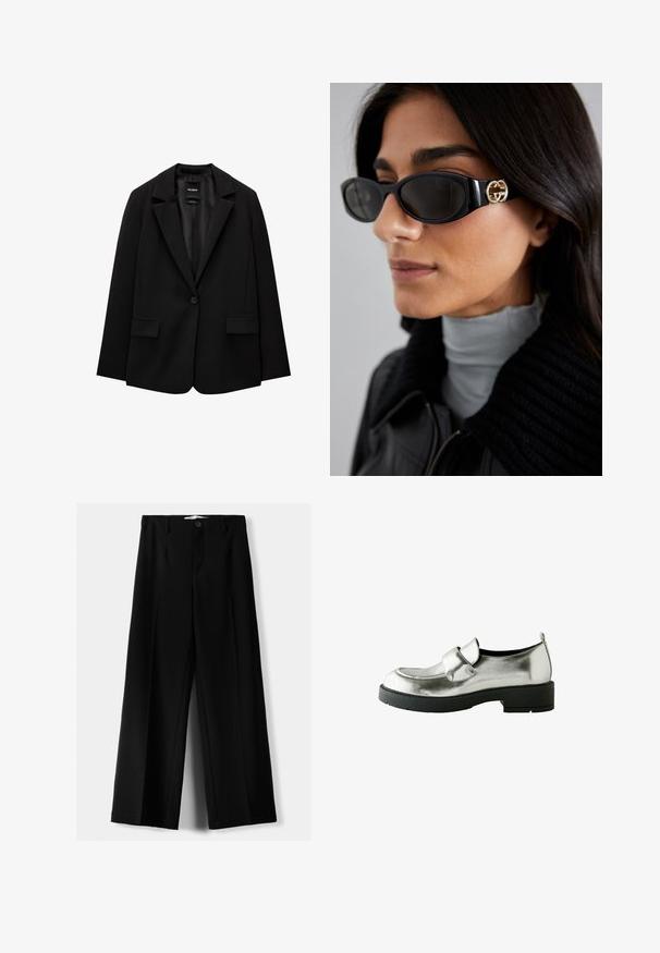 Black blazer made of smooth fabric with a single button closure, notched lapels, and two front pockets. Minimalist design, tailored fit.; Black strapless peplum top made of textured knit fabric, featuring a fitted bodice and flared hem with a subtle shimmer effect.; Black wide-leg trousers made of lightweight fabric, featuring a front button closure and flat front, with neatly stitched hems.; Silver metallic loafers with a rounded toe, strap accent, and a thick black rubber sole. Smooth texture and minimalistic design.; Black sunglasses featuring a sleek rectangular frame with a gold logo accent on the side. Dark lenses and glossy finish are prominent.; Rose gold rectangular watch with a metallic band, gem accents on the bezel, and a white dial featuring black markers and hands.