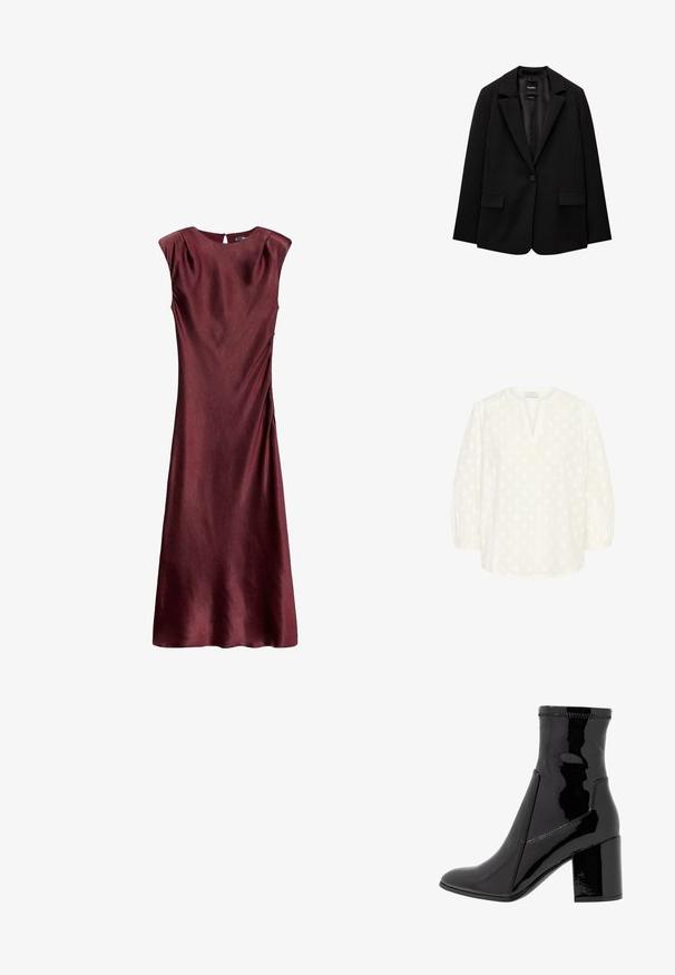 Sort blazer lavet af glat stof med enkelt knaplukning, klaplapper og to frontlommer. Minimalistisk design, skræddersyet pasform.; Kaffe Bluse - chalk; Ærmeløs burgunderrød midi-kjole med sidesyninger og en lille knaplukning bagpå ved halsen.; Sorte patent ankelstøvler med en glat overflade, spidse tå og en struktureret blokhæl. Uden lynlås og med kontrasterende syninger.; Kastanjebrun læderhåndtaske med en buet form, en enkelt skulderrem og syninger i midten. Glat tekstur, minimal hardware.