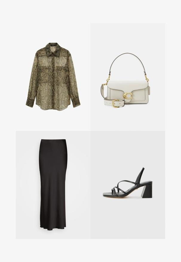 Zwarte blazer van gladde stof met een enkele knoopsluiting, notch-lapels en twee voorzakken. Minimalistisch ontwerp, getailleerde pasvorm.; Transparante button-up shirt met een slangenprint in bruintinten en beige, met lange mouwen en een ronde onderkant.; Zwarte, vloerlange satijnen rok met een gladde textuur, een aansluitende tailleband en een A-lijn silhouet, zonder zichtbare versieringen of patronen.; Zwarte sandaaltjes met een vierkante teen, voorzien van meerdere dunne bandjes en een geometrische blokhak. Gladde lederen textuur en minimalistisch design.; Witte leren handtas met gouden beslag, voorzien van een flapsluiting en een afneembare, verstelbare band. Ronde metalen accenten in het midden.; Singularu DROP - Oorbellen - gold-coloured