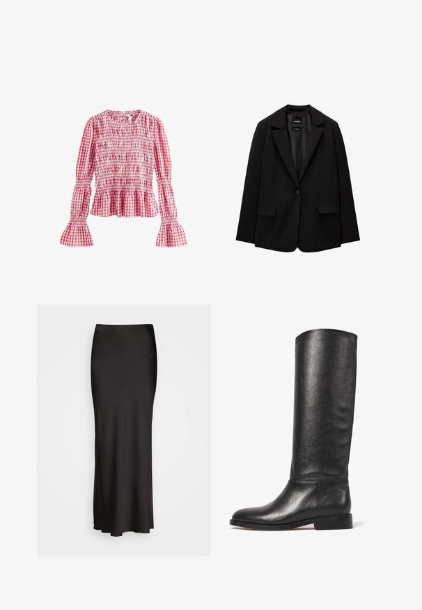 Blazer noir en tissu lisse avec une fermeture à bouton unique, des revers crantés et deux poches avant. Design minimaliste, coupe ajustée.; Next Blouse - pink; Débardeur noir côtelé avec un col rond et un logo brodé en blanc. Le tissu a une texture lisse avec une coupe ajustée.; Jupe en satin noire, longue jusqu'au sol, avec une texture lisse, une taille ajustée et une silhouette en A, sans ornements ni motifs visibles.; Botte en cuir noir à hauteur de genou avec une finition texturée, bout rond, tige lisse et un petit talon empilé. Design minimaliste, sans quincaillerie visible.