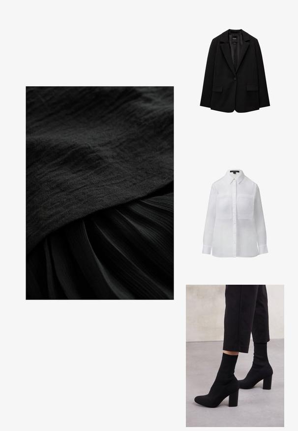 Schwarzer Blazer aus glattem Stoff mit einem Knopfverschluss, abgesetztem Revers und zwei vorderen Taschen. Minimalistisches Design, taillierte Passform.; Weißes Langarmhemd mit Kragen, zwei Brusttaschen, durchgängiger Knopfleiste und glatter, transparenter Textur.; Schwarzer Stoff mit einer strukturierten Oberfläche, bestehend aus einer glatten oberen Schicht und einem plissierten unteren Abschnitt, beide in einem tiefen, einheitlichen Schwarzton.; Schwarze, knöchelhohe Stiefel mit einem gerippten, sockenartigen Obermaterial, glatter Oberfläche, abgerundeter Zehenform und einem Blockabsatz für Stabilität.; Bordeauxfarbene Ledertasche mit geschwungener Form, einem einzigen Schulterriemen und gesteppten Details in der Mitte. Glatte Textur, minimales Zubehör.