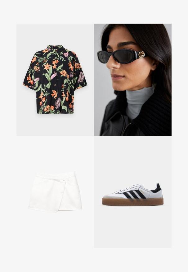 Black blazer made of smooth fabric with a single button closure, notched lapels, and two front pockets. Minimalist design, tailored fit.; Short-sleeve, black floral shirt featuring vibrant orange and purple flowers with green leaves. Includes five buttons and a collar.; White denim mini skirt with a wrap design, featuring a front button closure, two side pockets, and a smooth textured fabric.; White leather sneakers with black stripes, gum rubber outsole, round toe, lace-up closure, and soft gray suede toe cap.; Black sunglasses featuring a sleek rectangular frame with a gold logo accent on the side. Dark lenses and glossy finish are prominent.