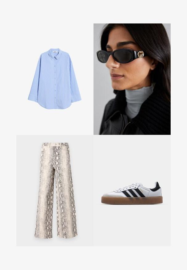 Sort blazer lavet af glat stof med enkelt knaplukning, klaplapper og to frontlommer. Minimalistisk design, skræddersyet pasform.; Lys blå skjorte med knapper og vertikale hvide striber, spidse kraver, lange ærmer og afrundet kant. Lavet af glat stof med en afslappet pasform.; Videbenede bukser i et slangeskindsmønster med en farveskala i creme og grå, lavet af struktureret stof med høj talje.; Hvide lædersneakers med sorte striber, gummirubber sål, rund tå, snørelukning og blød grå ruskinds tåhætte.; Sorte solbriller med en strømlinet rektangulær ramme og en guld logoaccent på siden. Mørke linser og blank overflade er fremtrædende.; Hvid læderhåndtaske med gulddetaljer, der har en klaplukning og en aftagelig, justerbar rem. Rundet metalaccent i midten.; Singularu DROP - Øreringe - gold-coloured